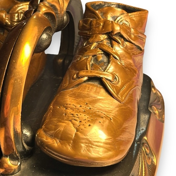 Antique VTG Bronze Copper Baby Shoe Bootie Keepsake Bookends Nursery Decor Heavy - Picture 13 of 16